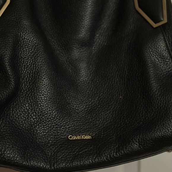 Calvin Klein Black Pebbled Leather Tote Bag Gold Hardware Shoulder Purse - Picture 13 of 17